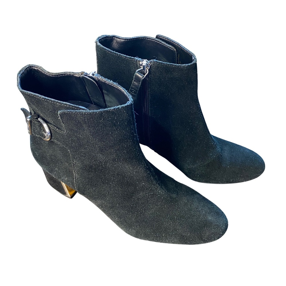 DKNY‎ Womens Black Suede Ankle Boots Gold Metallic Block Heel Buckle Size 9M
